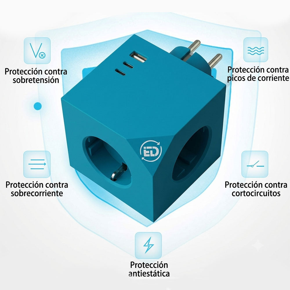 Cubo enchufe múltiple para escritorio, cocina y zonas de trabajo sin cable, alta resistencia (3680W), 3 enchufes, 3 puertos (2x USB-C, 1x USB-A)