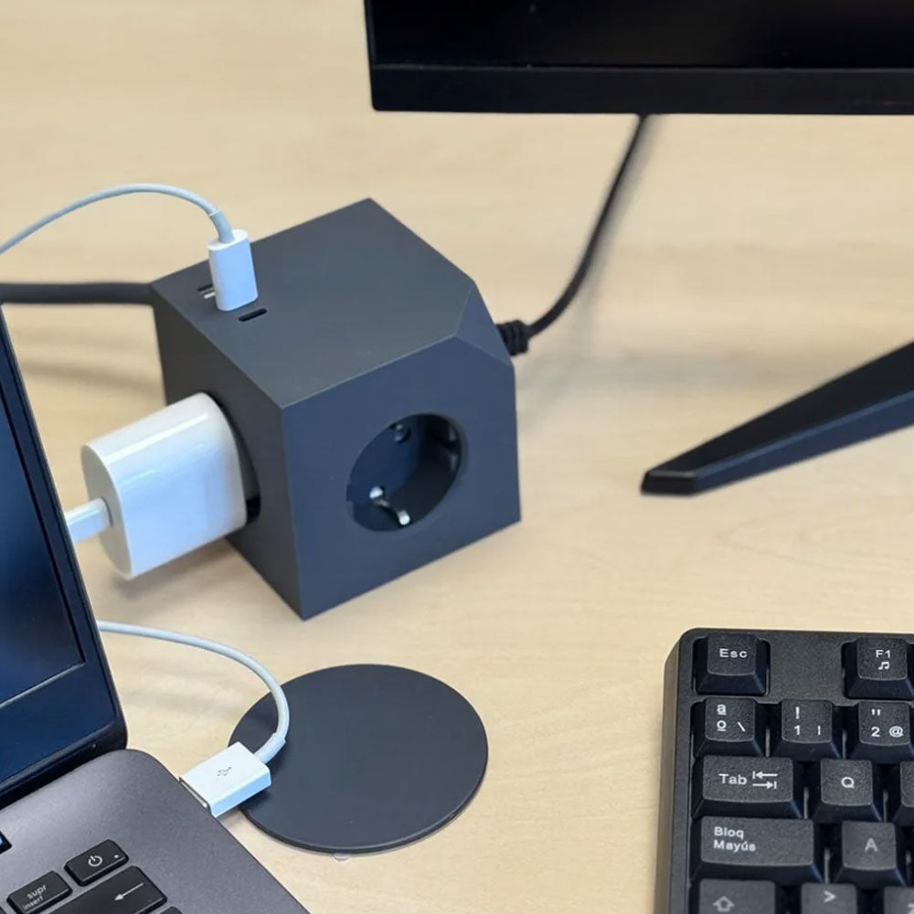 Cubo enchufe múltiple para escritorio, cocina y zonas de trabajo, alta resistencia (3680W), cable 1,5 m, 3 enchufes, 3 puertos (2x USB-C, 1x USB-A)