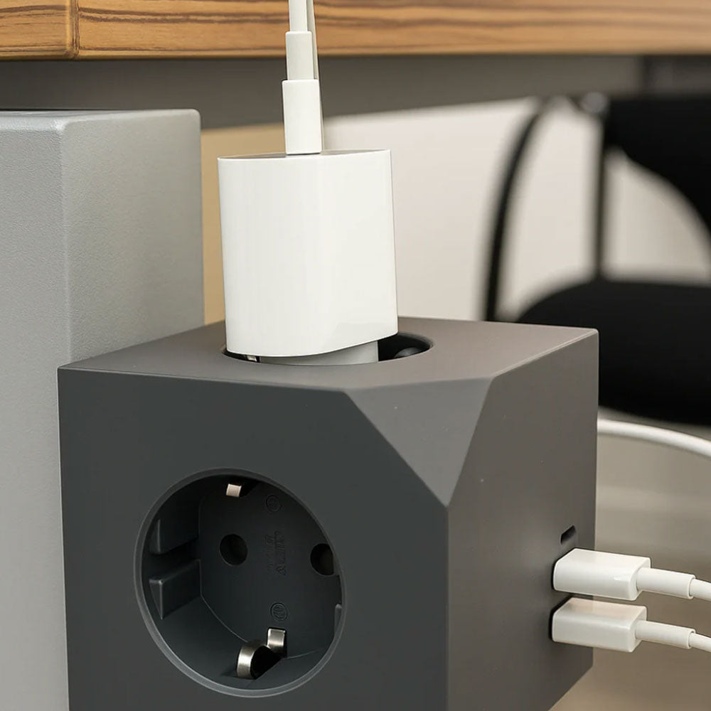 Cubo enchufe múltiple para escritorio, cocina y zonas de trabajo, alta resistencia (3680W), cable 1,5 m, 3 enchufes, 3 puertos (2x USB-C, 1x USB-A)