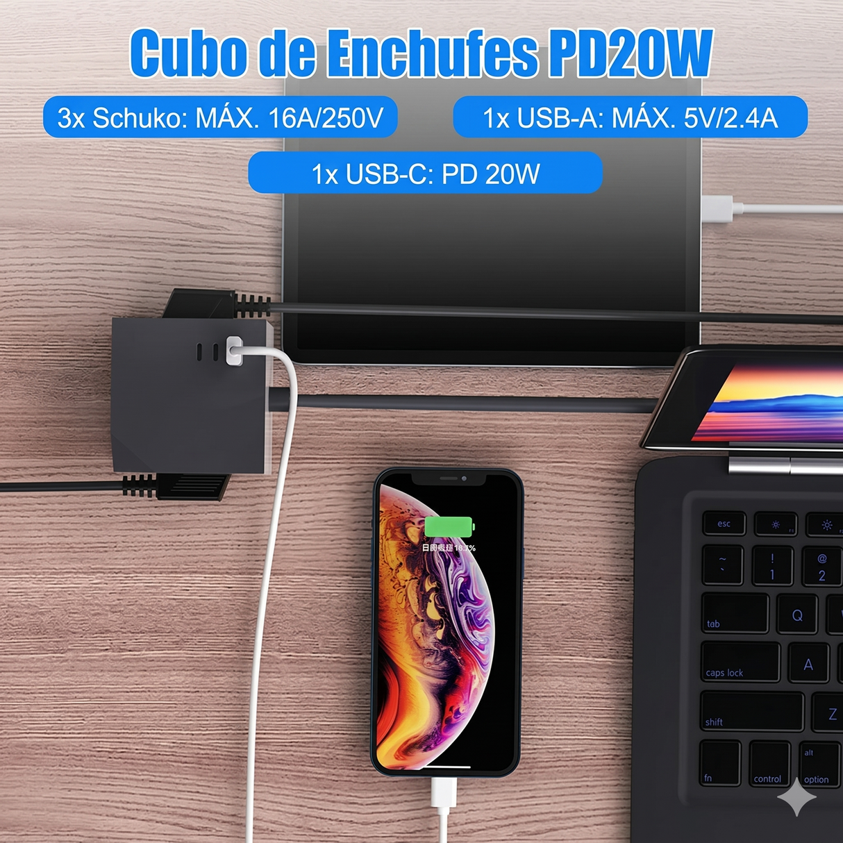 Cubo enchufe múltiple para escritorio, cocina y zonas de trabajo, alta resistencia (3680W), cable 1,5 m, 3 enchufes, 3 puertos (2x USB-C, 1x USB-A)
