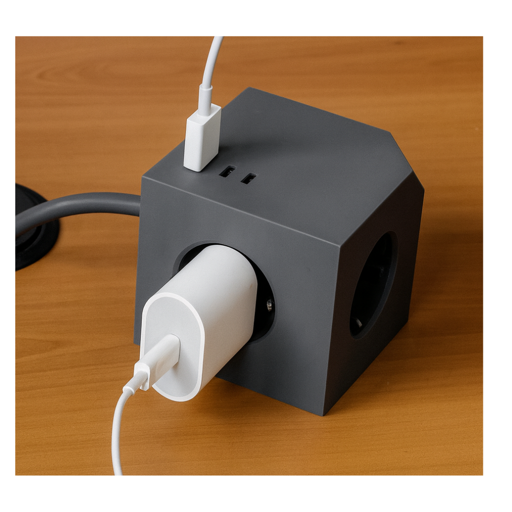 Cubo enchufe múltiple para escritorio, cocina y zonas de trabajo, alta resistencia (3680W), cable 1,5 m, 3 enchufes, 3 puertos (2x USB-C, 1x USB-A)