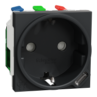 Enchufe Schuko con puerto USB tipo C, 10.5 W de 2 módulos, 10A, Schneider serie New Unica, embordamiento automático
