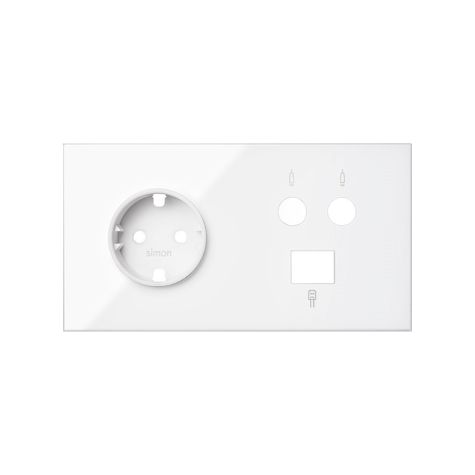 Kit front para 2 elementos con 1 base de enchufe schuko,1 toma R-TV+SAT única con 1 conector RJ45 6 UTP blanco mate Simon 100