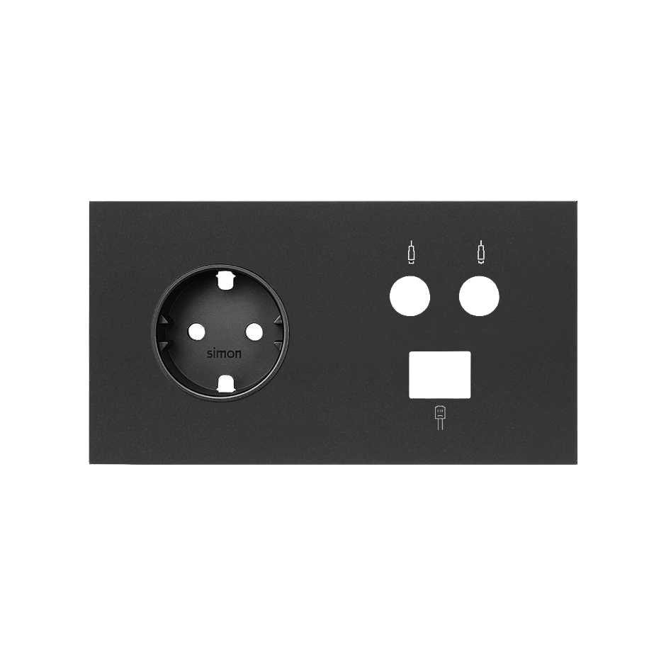 Kit front para 2 elementos con 1 base de enchufe schuko, 1 toma R-TV+SAT única con 1 conector RJ45 6 UTP negro mate Simon 100