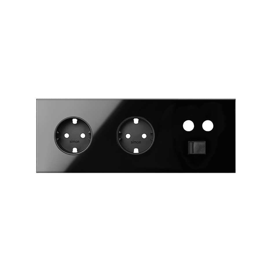 Kit front para 3 elementos con 2 bases de enchufe schuko y 1 toma R-TV+SAT única con 1 conector RJ45 negro brillante Simon 100