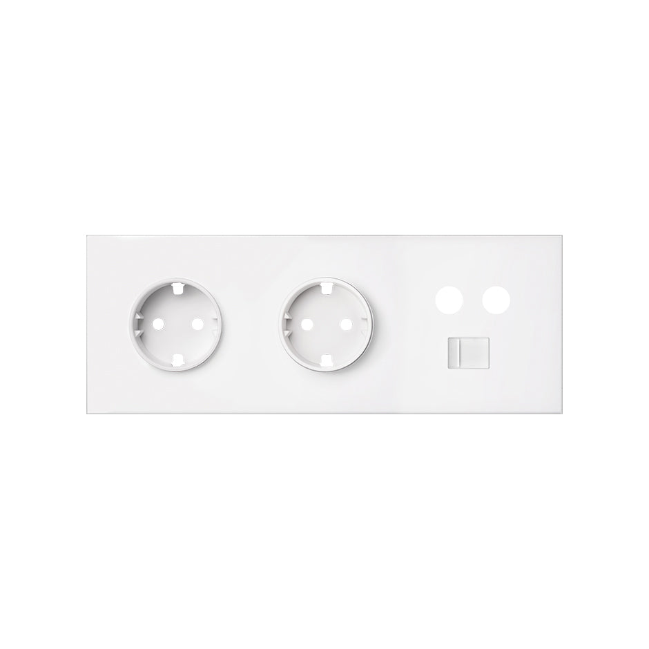 Kit front para 3 elementos con 2 bases de enchufe schuko y 1 toma R-TV+SAT única con 1 conector RJ45 blanco mate Simon 100