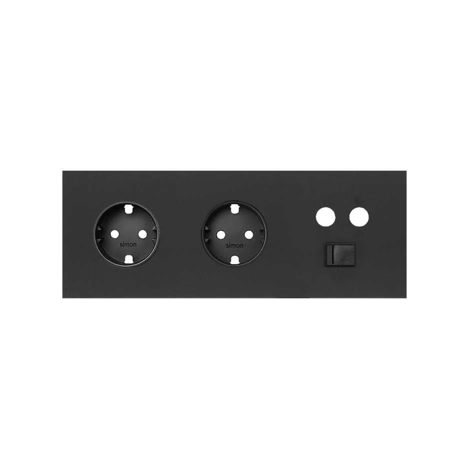 Kit front para 3 elementos con 2 bases de enchufe schuko y 1 toma R-TV+SAT única con 1 conector RJ45 negro mate Simon 100