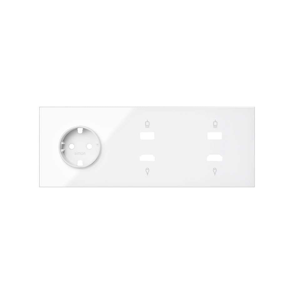 Kit front para 3 elementos con 1 base de enchufe schuko y 2 conectores HDMI + USB blanco brillante Simon 100