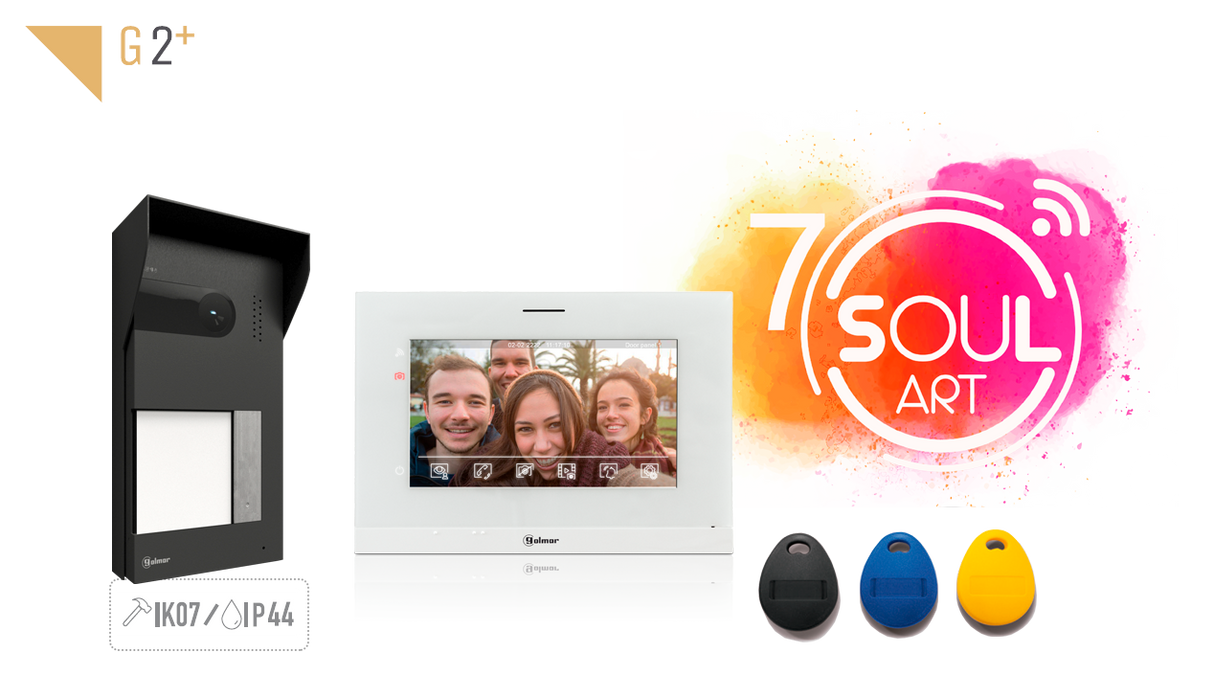 Kit videoportero GOLMAR para 1 vivienda; con placa antivandálica SOUL | pantalla de 7" manos libres y desvío de llamada por Wi-Fi, S5110 / ART 7W