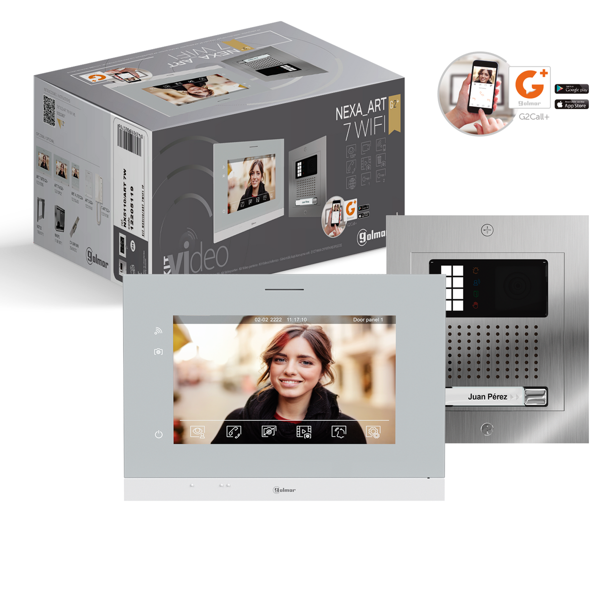 Kit videoportero GOLMAR para 1 vivienda; placa NEXA | pantalla de 7" manos libres y desvío de llamada por Wi-Fi, NX5110 / ART 7W