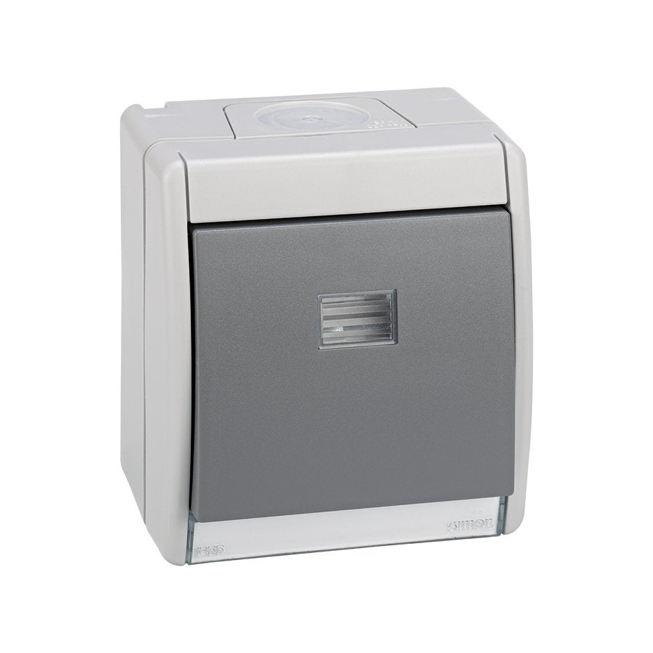 Pulsador monobloc IP55 10AX 250V~ con luminoso incorporado y sistema de embornamiento rápido gris Simon Aqua