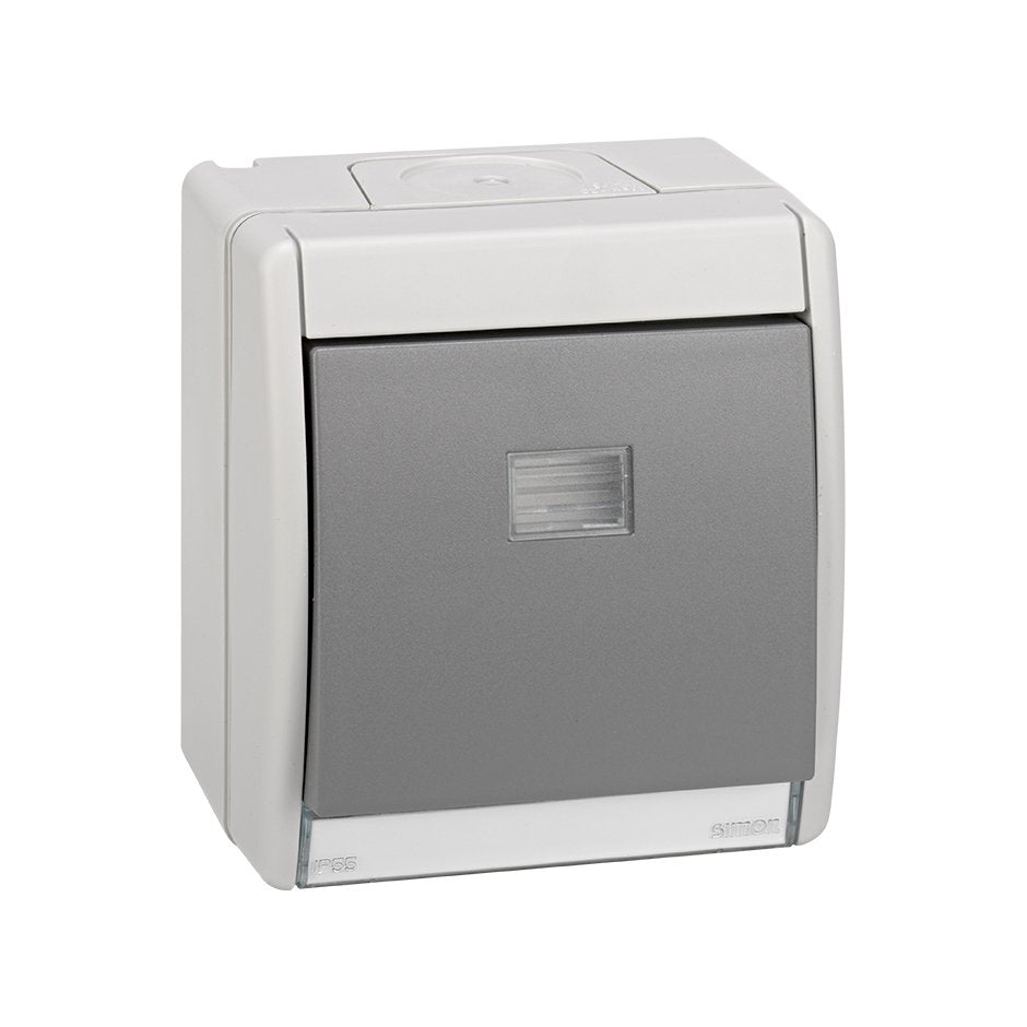 Conmutador monobloc IP55 10AX 250V~ con sistema de embornamiento rápido gris Simon Aqua