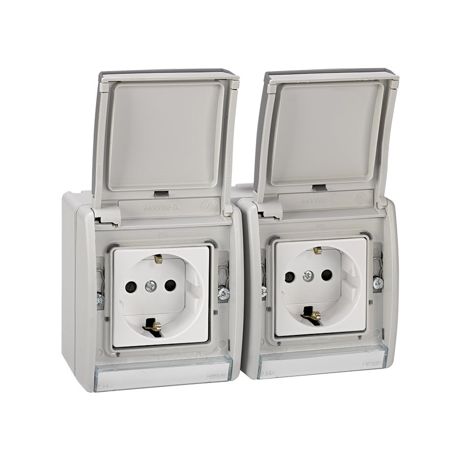 Base de enchufe schuko doble precableada monobloc IP55 16A 250V~ con disp. seguridad y emb. rápido gris Simon Aqua