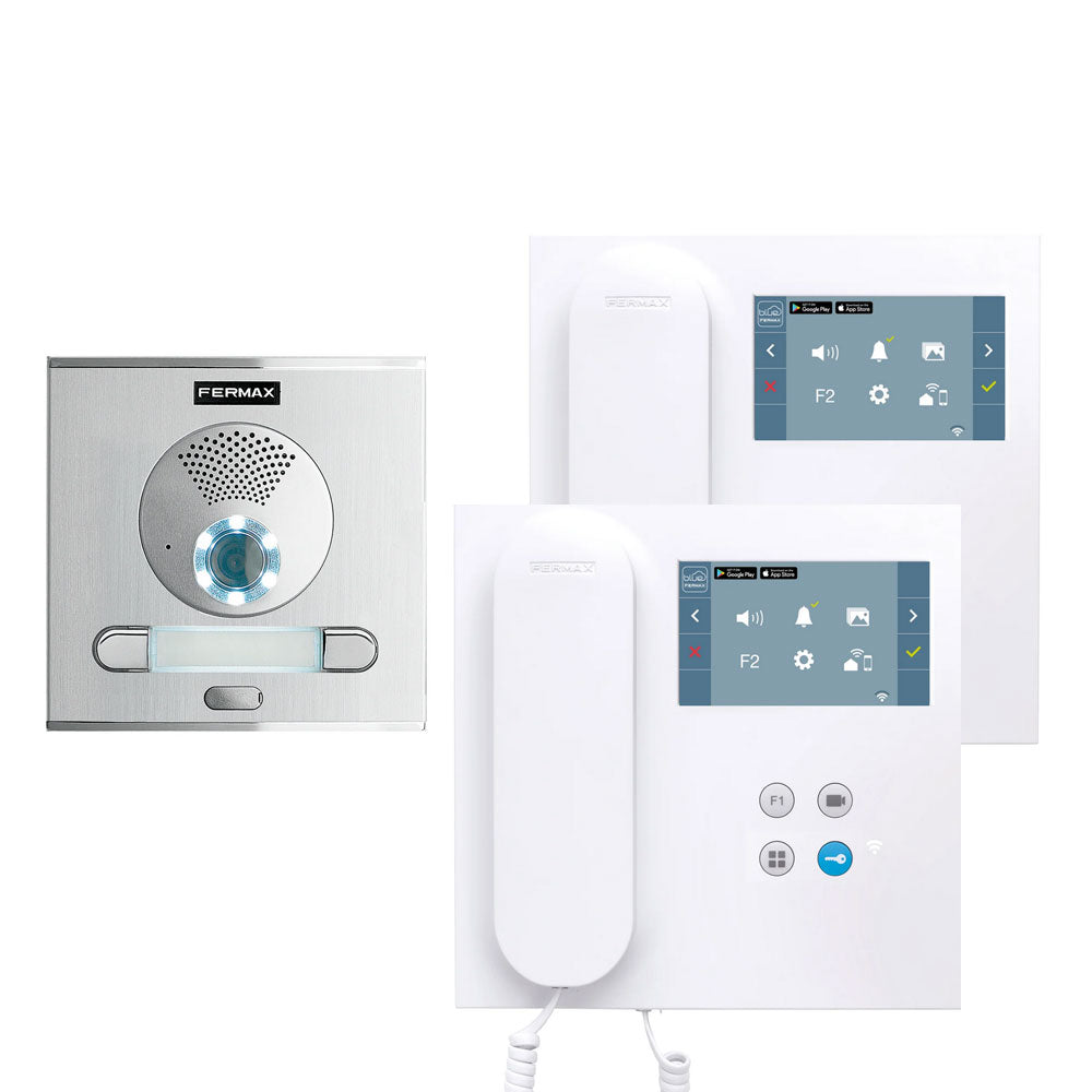 Kit Videoportero FERMAX, para 2 viviendas pantalla 4,3" y audicular | pre-programado (Plug&Play), desvio de llamada a móvil app Duox-me | F94421