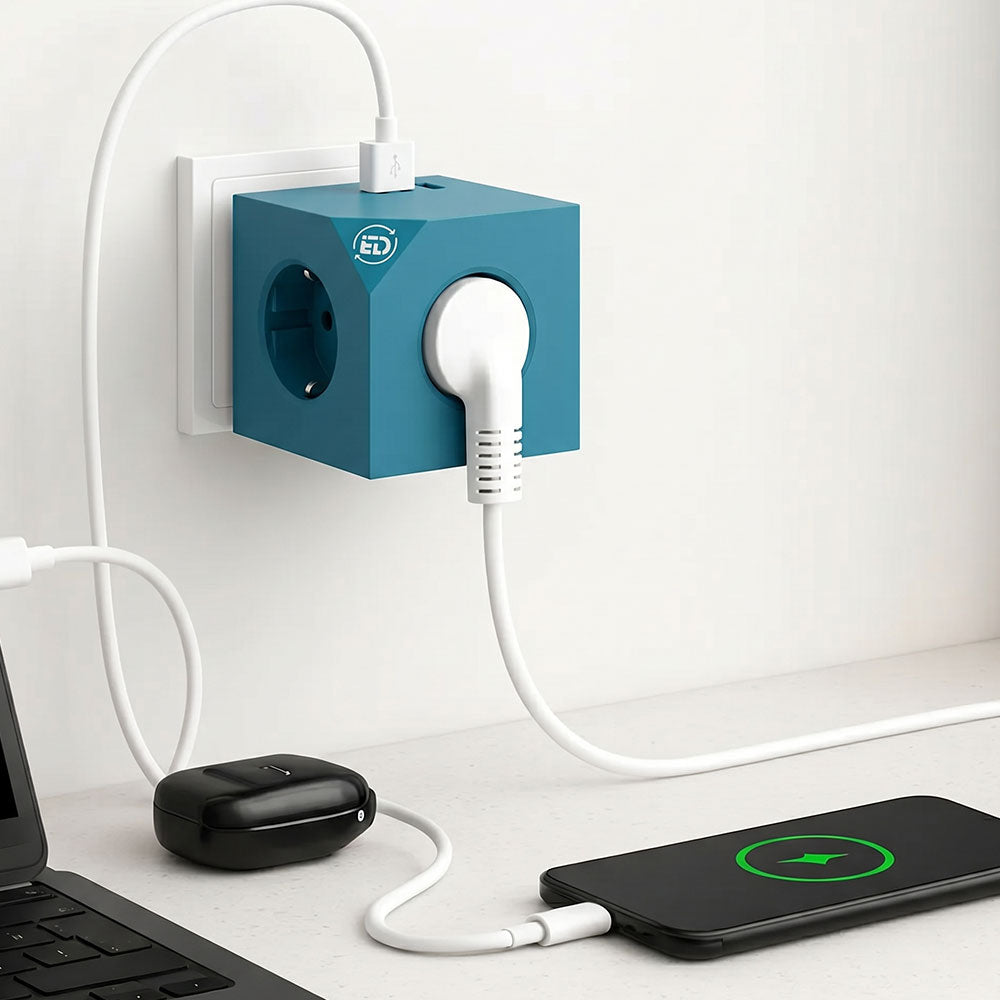 Cubo enchufe múltiple para escritorio, cocina y zonas de trabajo sin cable, alta resistencia (3680W), 3 enchufes, 3 puertos (2x USB-C, 1x USB-A)