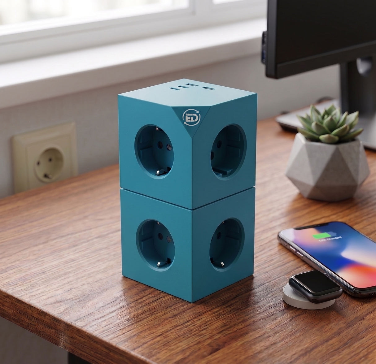 Cubo enchufe múltiple para escritorio, cocina y zonas de trabajo sin cable, alta resistencia (3680W), 3 enchufes, 3 puertos (2x USB-C, 1x USB-A)