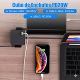 Cubo enchufe múltiple para escritorio, cocina y zonas de trabajo, alta resistencia (3680W), cable 1,5 m, 3 enchufes, 3 puertos (2x USB-C, 1x USB-A)