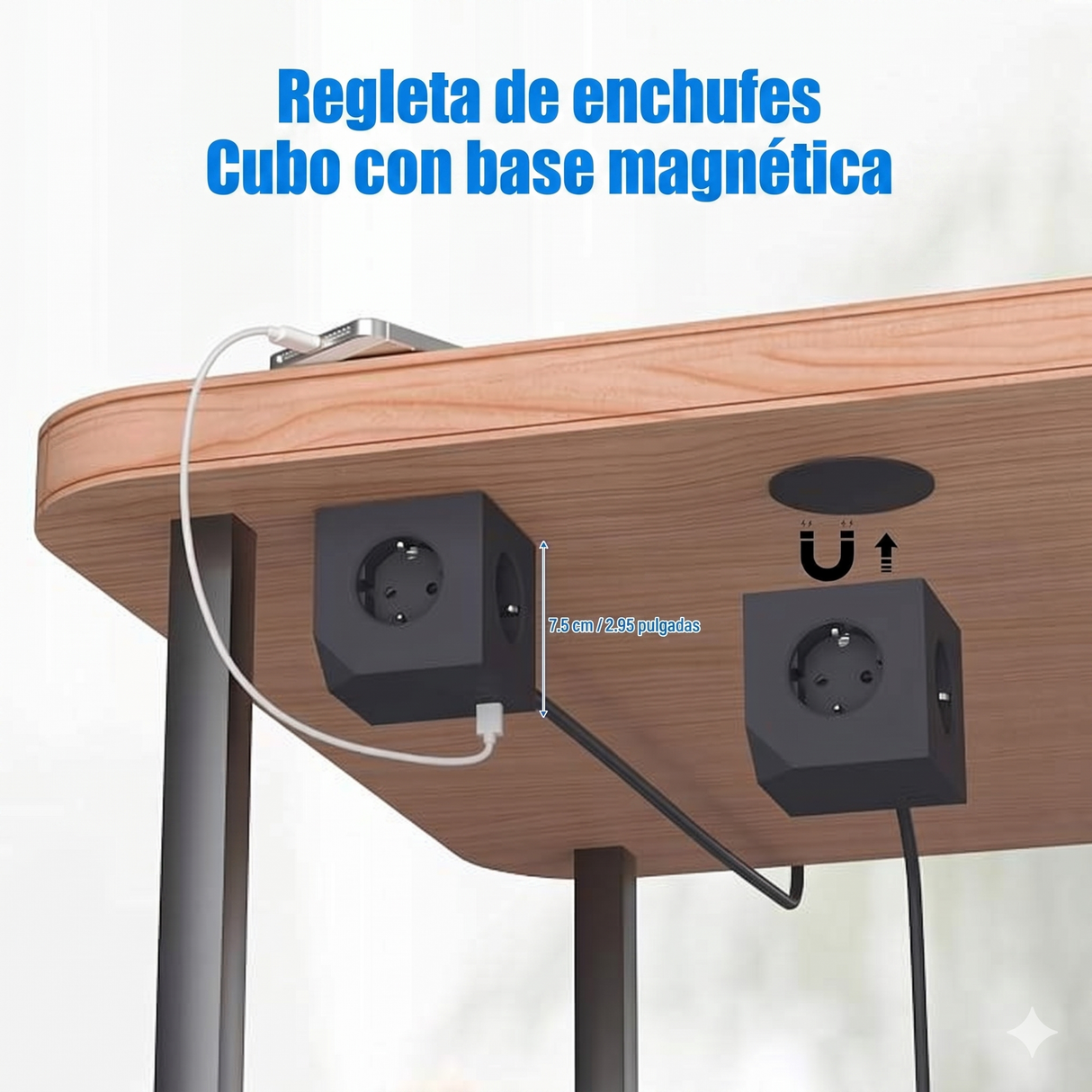 Cubo enchufe múltiple para escritorio, cocina y zonas de trabajo, alta resistencia (3680W), cable 1,5 m, 3 enchufes, 3 puertos (2x USB-C, 1x USB-A)