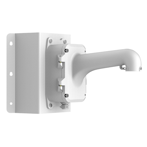 Soporte de esquina con caja de conexiones para uso en exterior. Color blanco