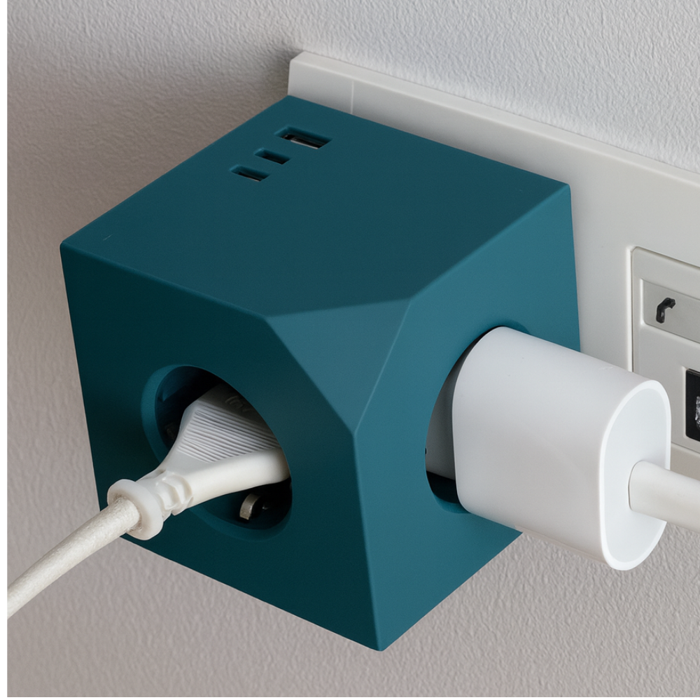 Regleta de enchufe múltiple tipo cubo,  3680W  2 puertos USB-C, USB-A, 3 tomas Schuko, verde.