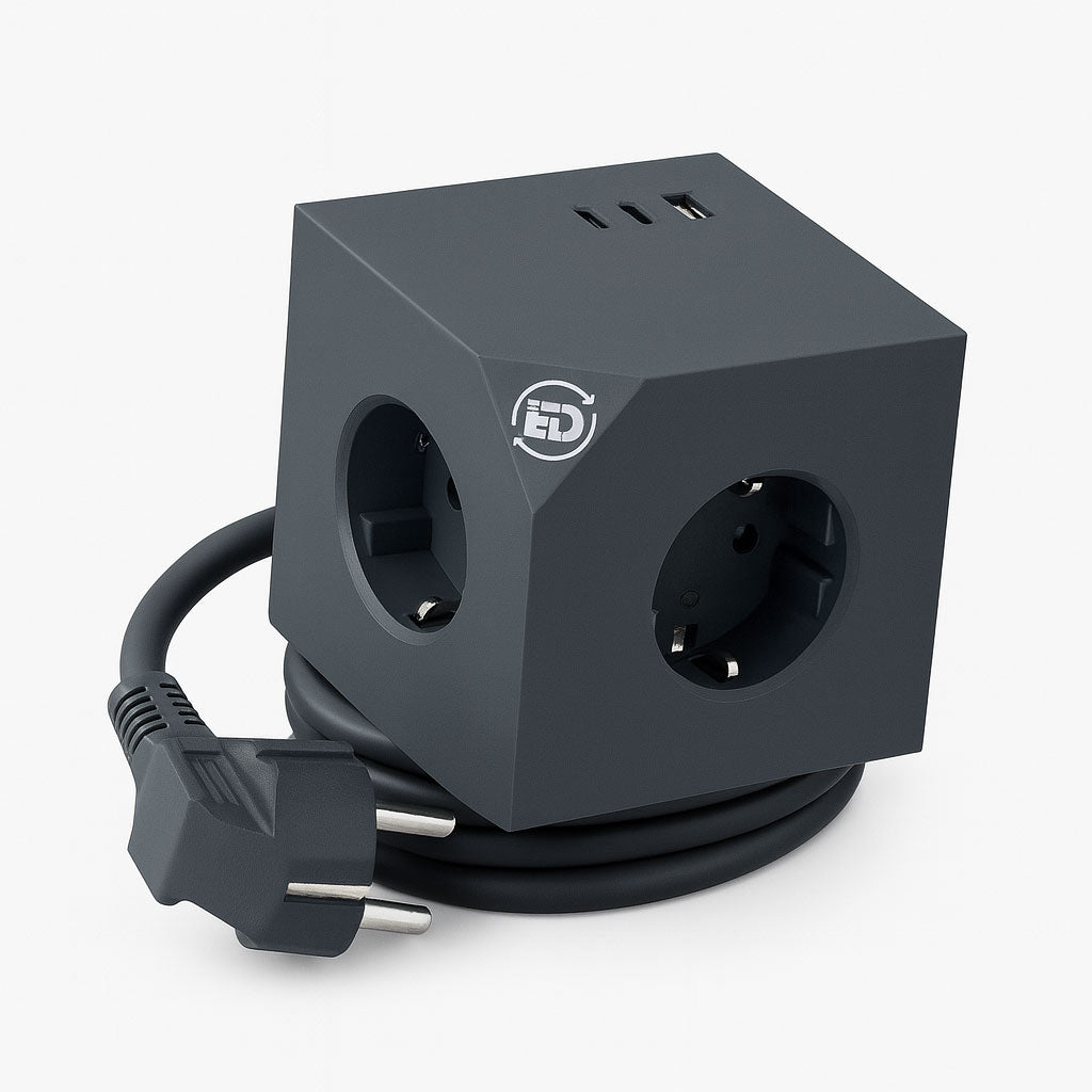 Cubo enchufe múltiple para escritorio, cocina y zonas de trabajo, alta resistencia (3680W), cable 1,5 m, 3 enchufes, 3 puertos (2x USB-C, 1x USB-A)