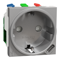 Enchufe Schuko con puerto USB tipo C, 10.5 W de 2 módulos, 10A,  Schneider serie New Unica, embordamiento automático